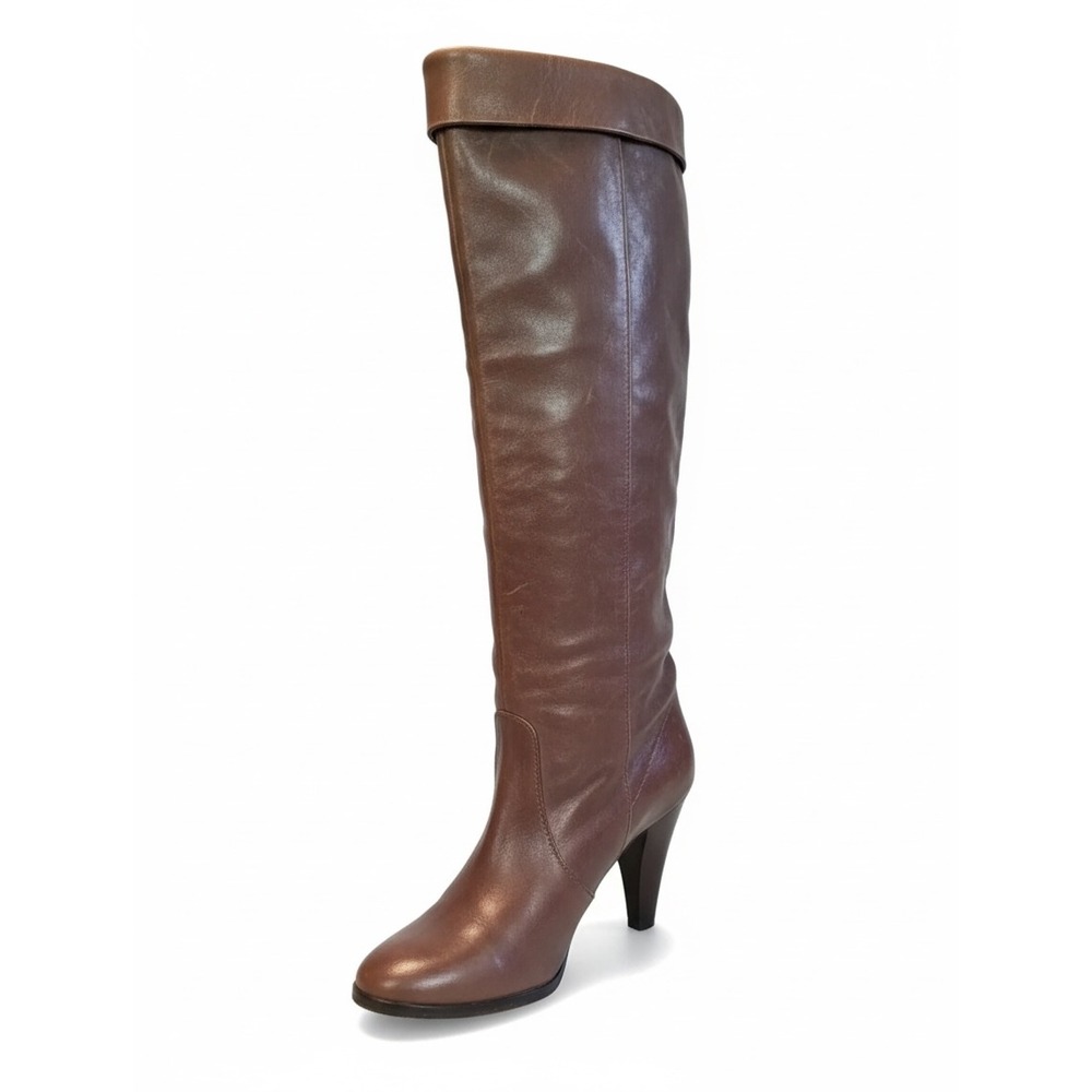 KORS Michael Kors Brown Leather Knee High Boots Heel Fold Over Cuff 70S